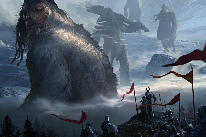 Giants in a foggy mountain landscape with soldiers