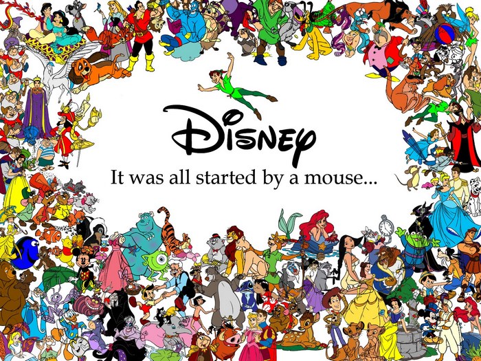 Disney characters collage with "It was all started by a mouse"