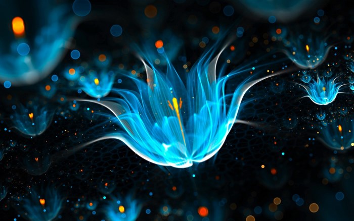 Blue fractal flowers with bokeh lights