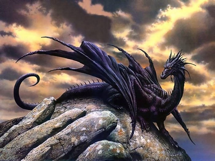 A dark dragon perched on rocks under a stormy sky