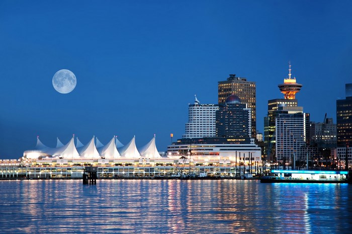 Vancouver skyline with Canada Place and moon