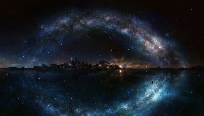 Cosmic landscape with galaxy and islands