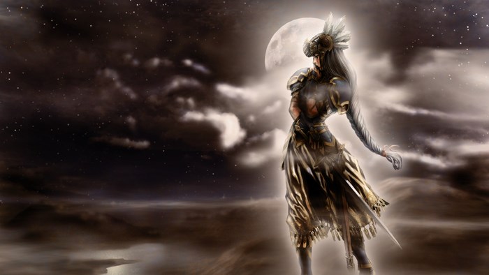 Valkyrie Profile 2: Silmeria character in front of moon