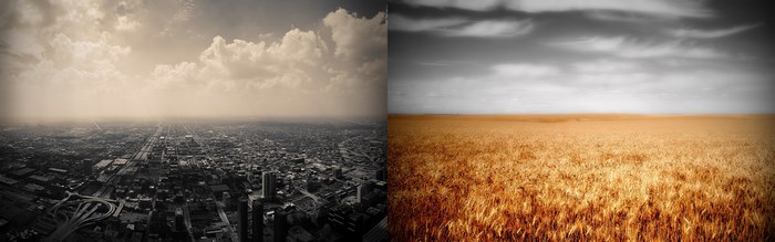 Aerial view of a city and a wheat field