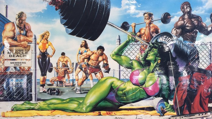She-Hulk and bodybuilders at Muscle Beach