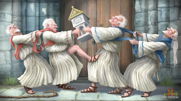 Monks fighting over a church building from Age of Empires II
