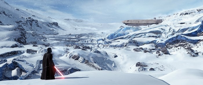 Darth Vader from Star Wars Battlefront 2015 on a snowy planet