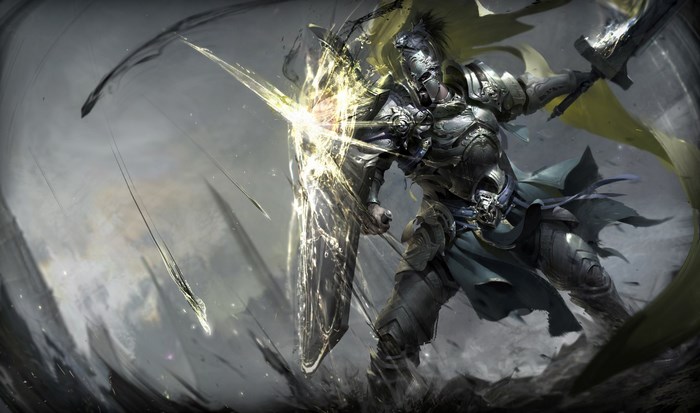 Knight in shining armor deflecting projectiles