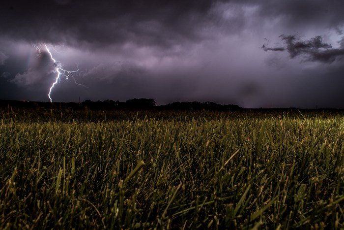 Lightning strikes over a grassy field at night
