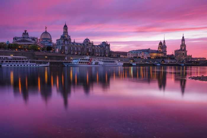 Dresden skyline at sunset with Elbe River