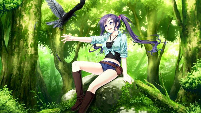 Girl and crow in a forest