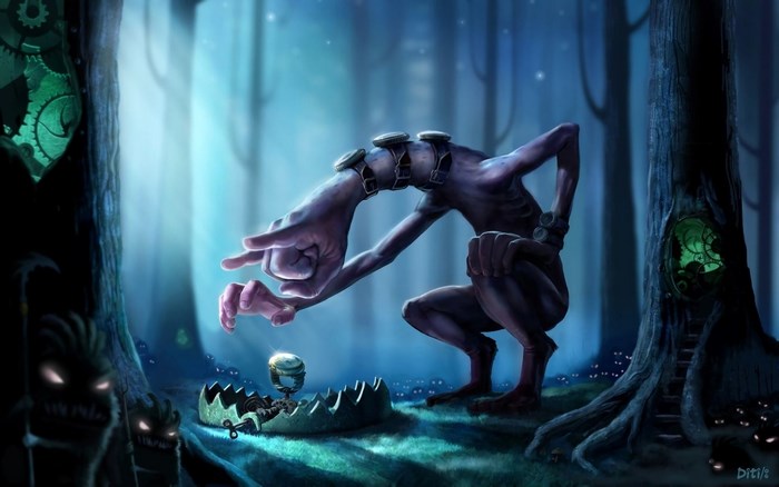 Creepy creature in a dark forest with a trap