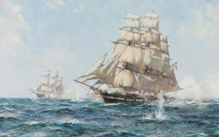 Two sailing ships on a wavy sea under a cloudy sky