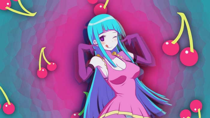 Anime girl with blue hair and pink dress surrounded by cherries