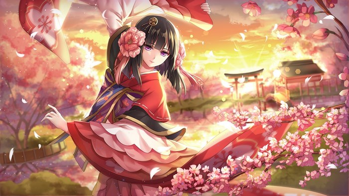 Girl in Kimono with Cherry Blossoms and Torii Gates