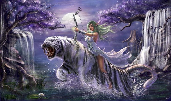 Elf archer riding a white tiger in a fantasy landscape