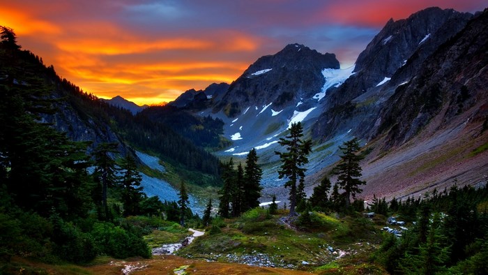 Mountain valley at sunset with dramatic sky