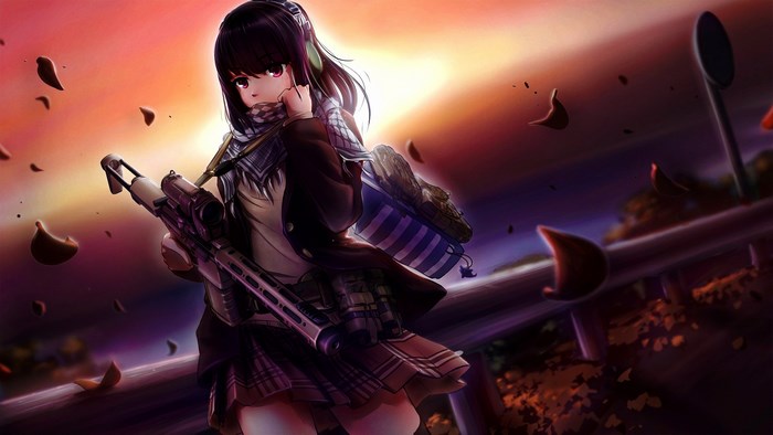 Girl with sniper rifle at sunset