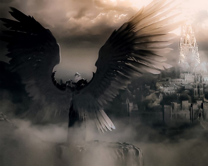Angel warrior overlooking a fantasy city