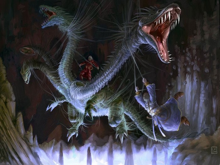Multi-headed dragon attacking people in a cave