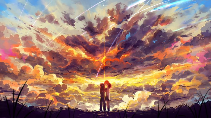 Couple kissing under meteor shower