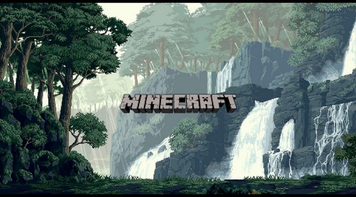 Minecraft Logo with Lush Waterfall and Forest