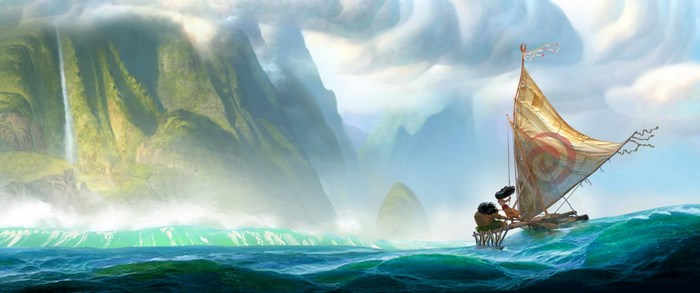 Moana sailing on a boat with mountains in the background