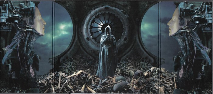 Dark Ritual Scene with Hooded Figure and Mechanical Heads