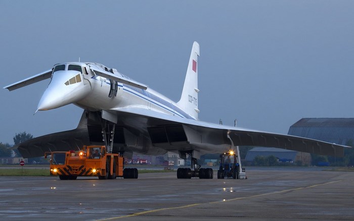 Tupolev Tu-144 aircraft being towed on tarmac