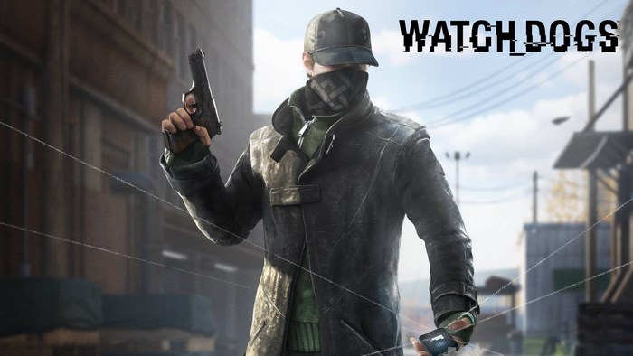 Aiden Pearce from Watch Dogs holding a gun