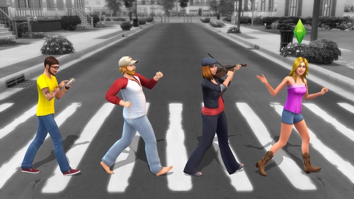 The Sims 4 characters crossing Abbey Road