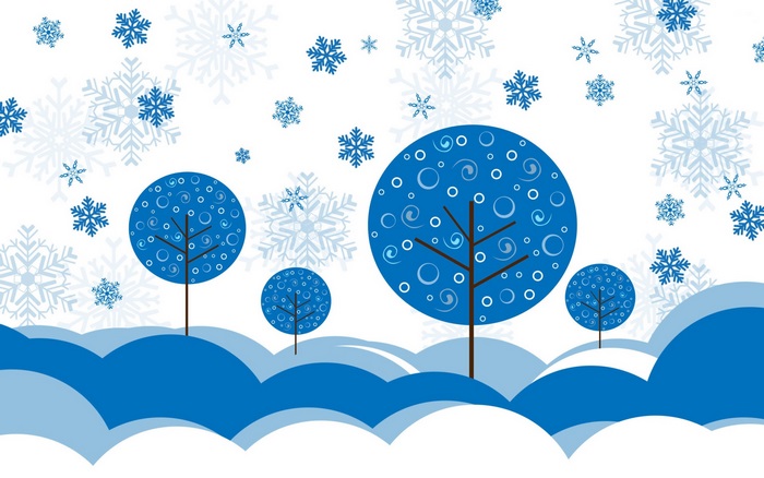 Winter scene with blue trees and snowflakes