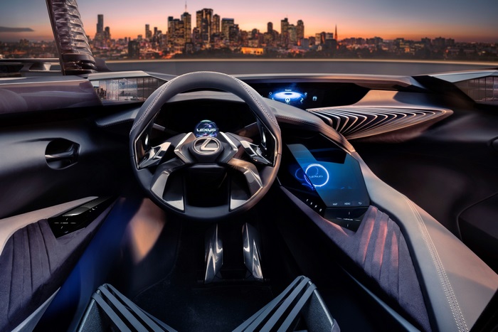 Lexus concept car interior with city skyline