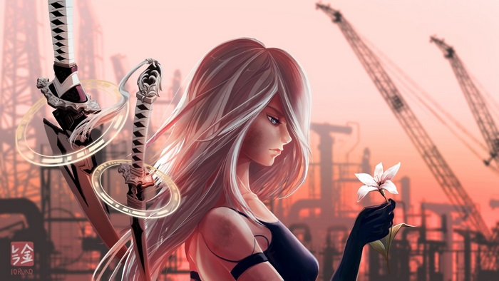 2B from Nier: Automata with swords and flower