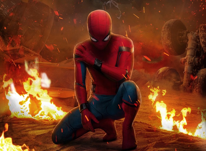 Spider-Man from Spider-Man: Homecoming in a fiery scene