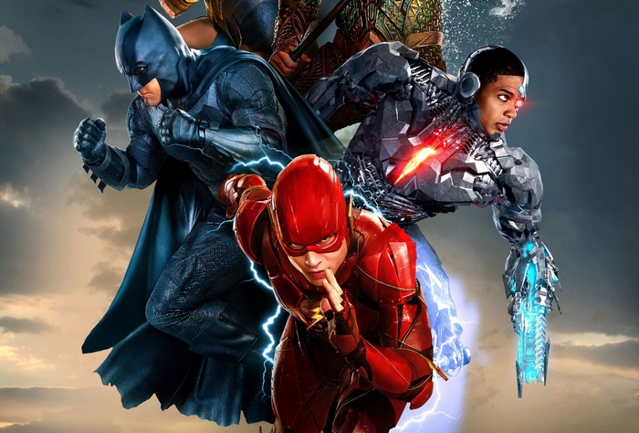 Justice League characters Batman, Flash, Cyborg, and Aquaman