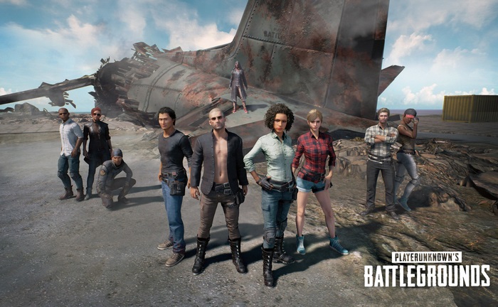 PlayerUnknown's Battlegrounds characters in front of a crashed plane