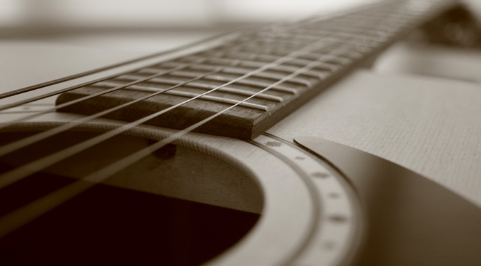 4K Close-Up of Acoustic Guitar Strings and Body