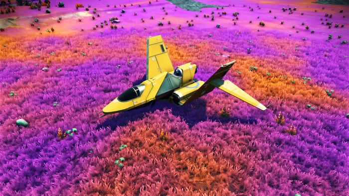 Yellow spaceship flying over alien planet in No Man's Sky 4K