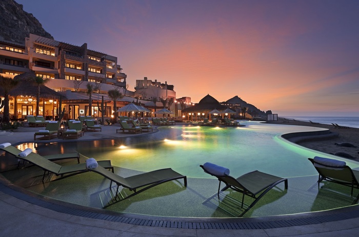 Luxury resort pool and beach at sunset in Cabo San Lucas 4K