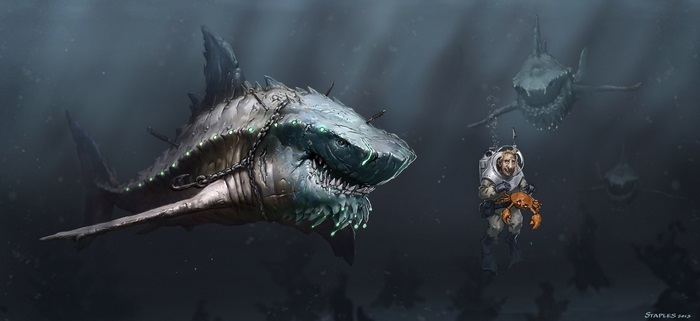 Megalodon and diver with crab