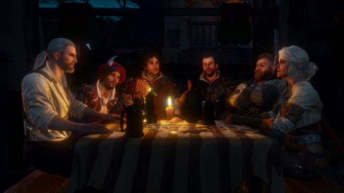 Geralt and friends playing Gwent in The Witcher 3