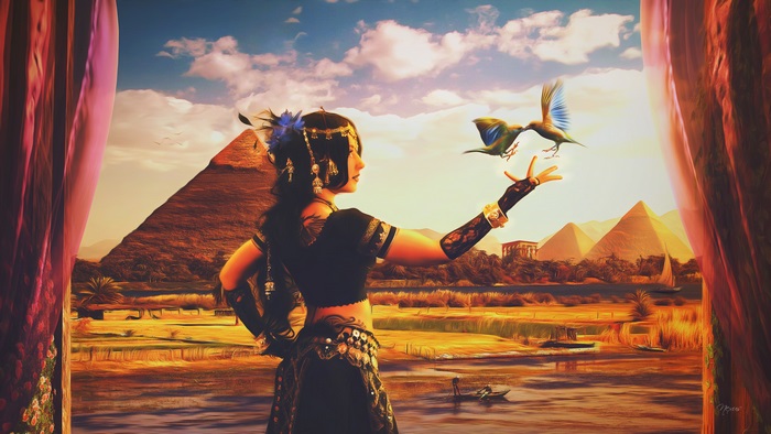 Woman with birds in front of pyramids