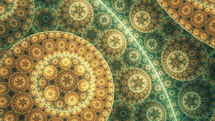 Fractal pattern with golden and green circles 4K
