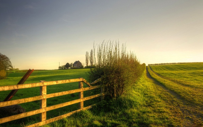 Rural landscape with fence and path at sunset