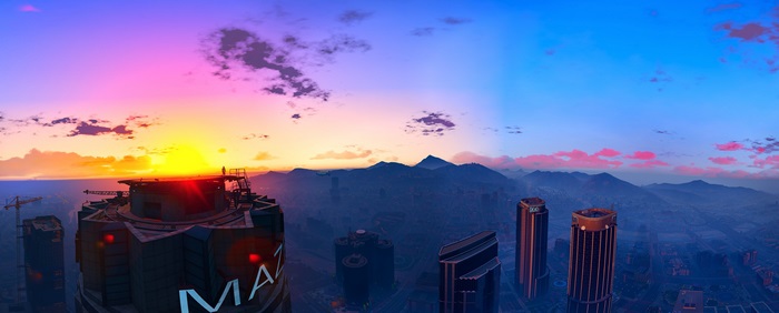 Grand Theft Auto V 4K cityscape at sunset