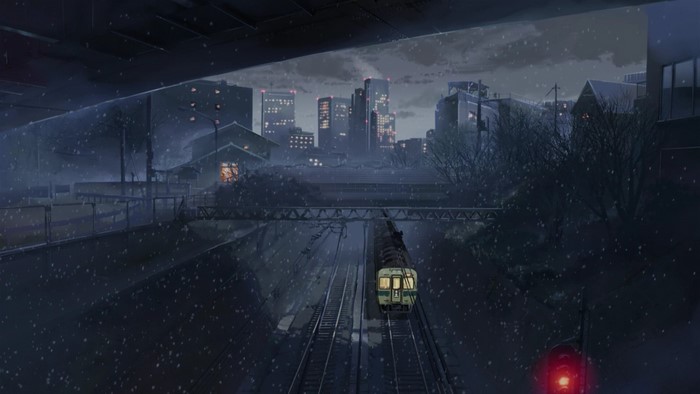 Train in a city at night during snowfall, anime