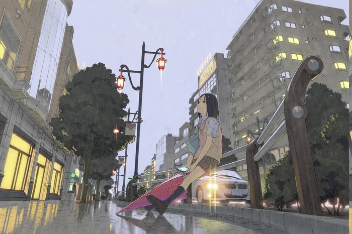 Anime girl with umbrella in rainy city street