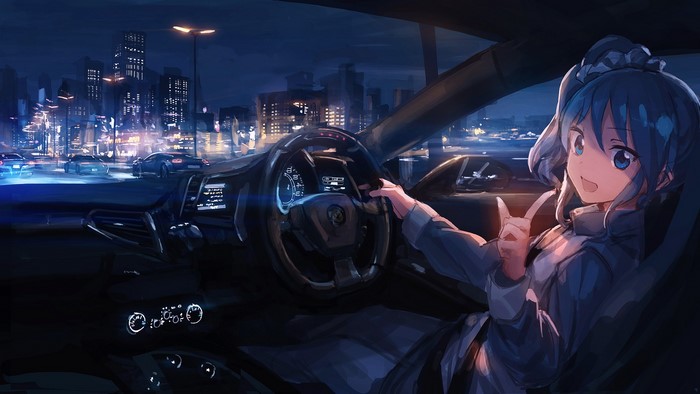 Anime girl driving a Ferrari at night in a city