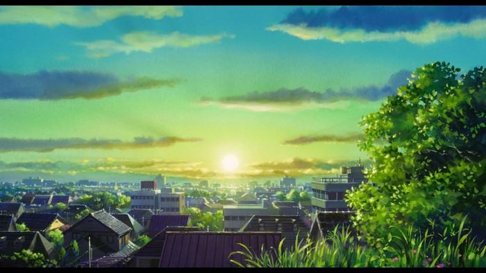 Anime cityscape at sunrise with green trees